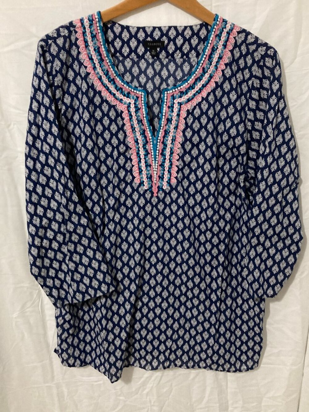 Talbots Womens XL Blue Multicolor Pink Tunic Top Loose Comfort Casual Print